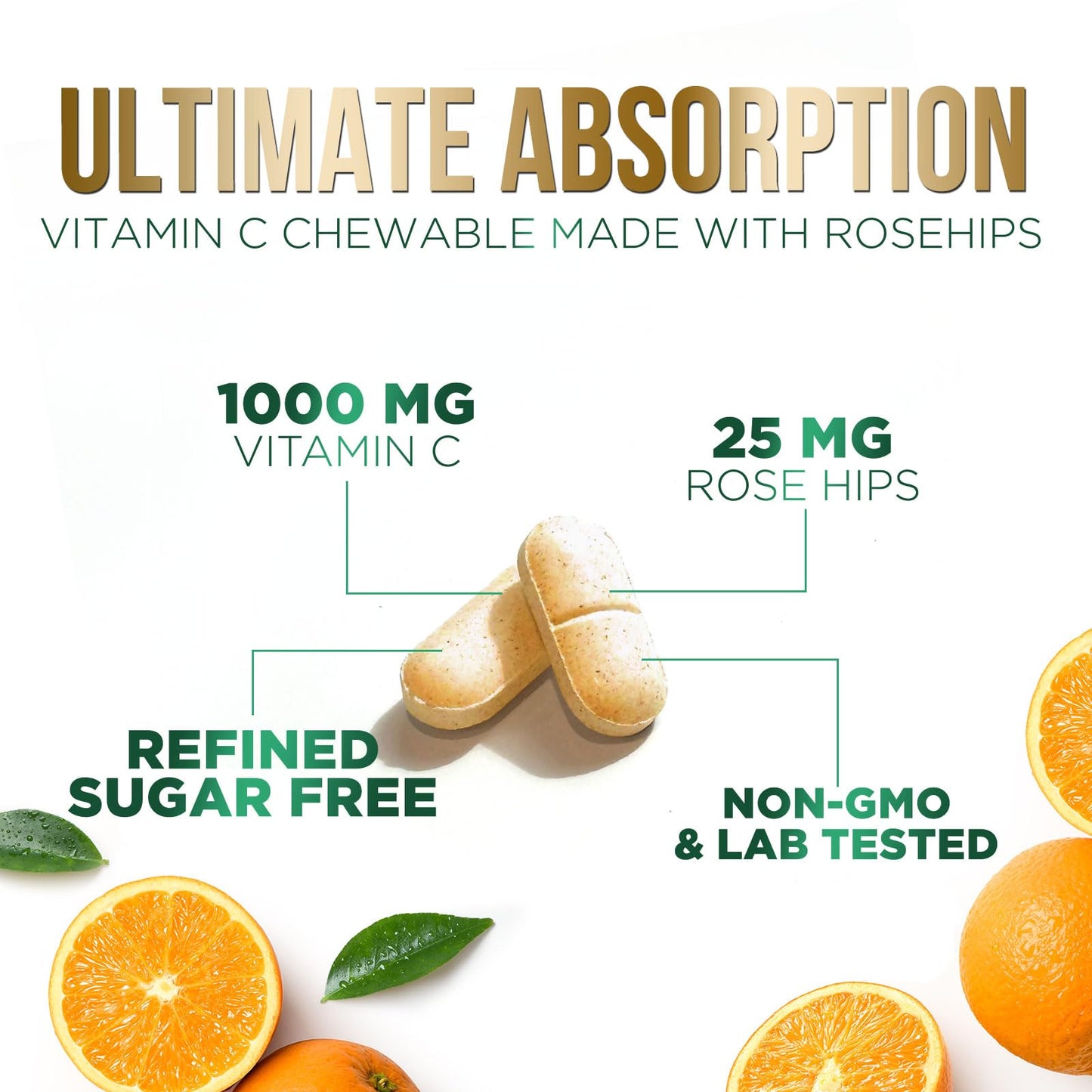 Vitamin C Chewable 1000mg - Immune Support with Rose Hips - Vegan & Non-GMO (120 Tablets)