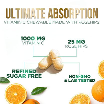 Vitamin C Chewable 1000mg - Immune Support with Rose Hips - Vegan & Non-GMO (120 Tablets)