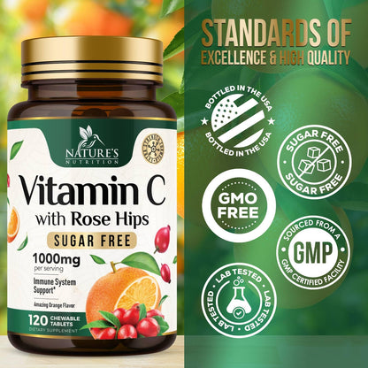 Vitamin C Chewable 1000mg - Immune Support with Rose Hips - Vegan & Non-GMO (120 Tablets)