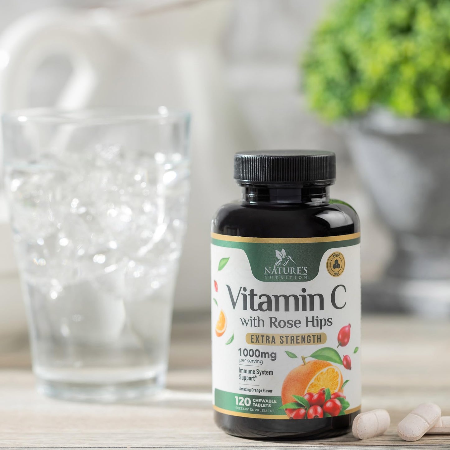 Vitamin C Chewable 1000mg - Immune Support with Rose Hips - Vegan & Non-GMO (120 Tablets)