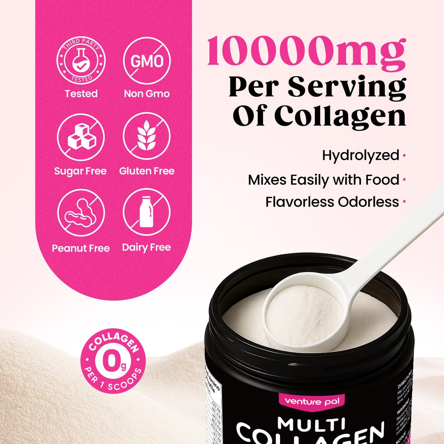 Venture Pal Multi Collagen Powder Type I–X | MSM, Hyaluronic Acid, Vitamin C | Joint, Hair, Skin & Nails Support | Non-GMO