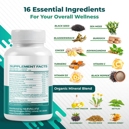 SEA Moss Black Seed Oil Ashwagandha Ginger 16-in-1 Formula - Non-GMO, Gluten-Free, Soy-Free