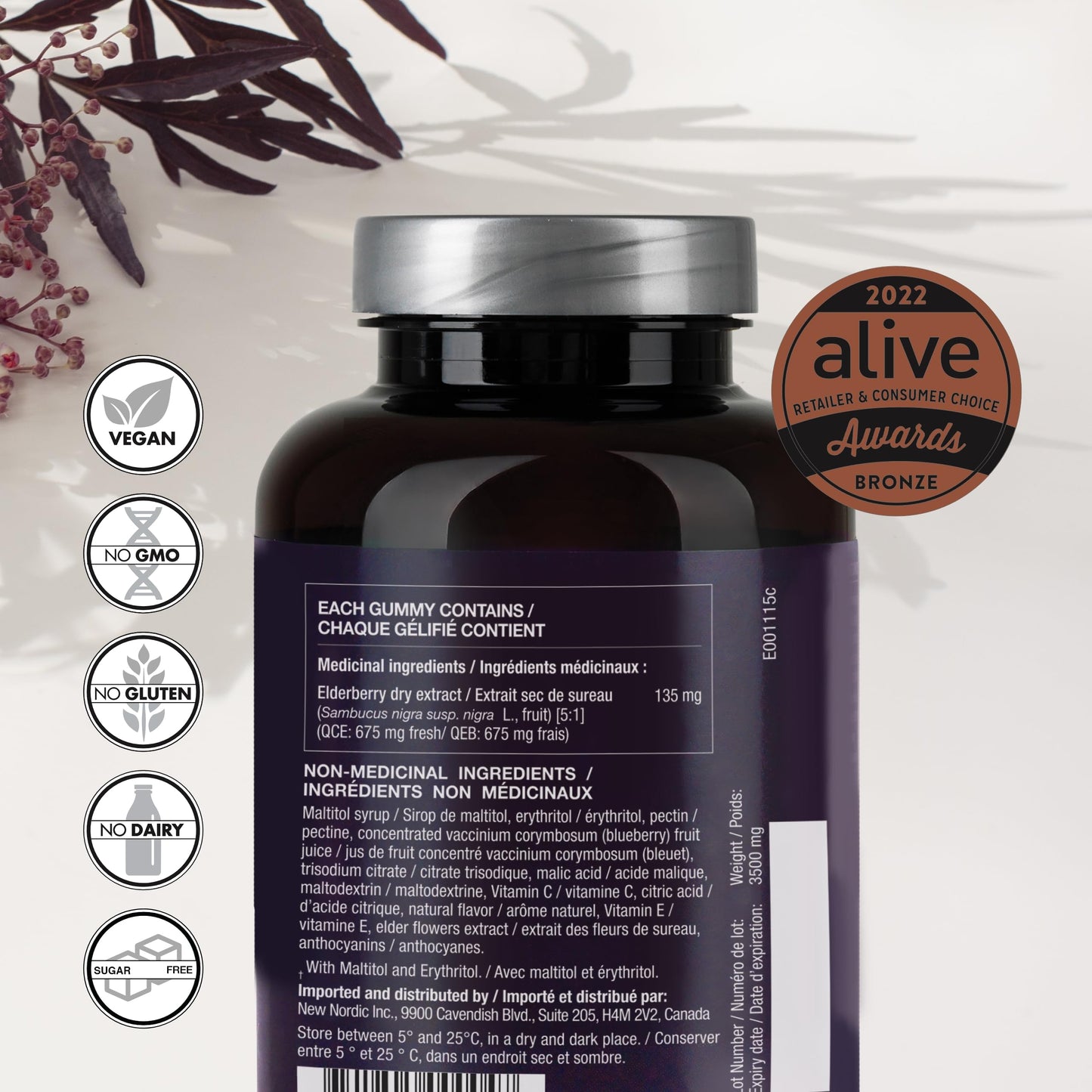 NEW NORDIC Elderberry Vegan Gummies - Sugar Free Immune Support with Vitamin C (Adults & Kids 4+) 60 Count