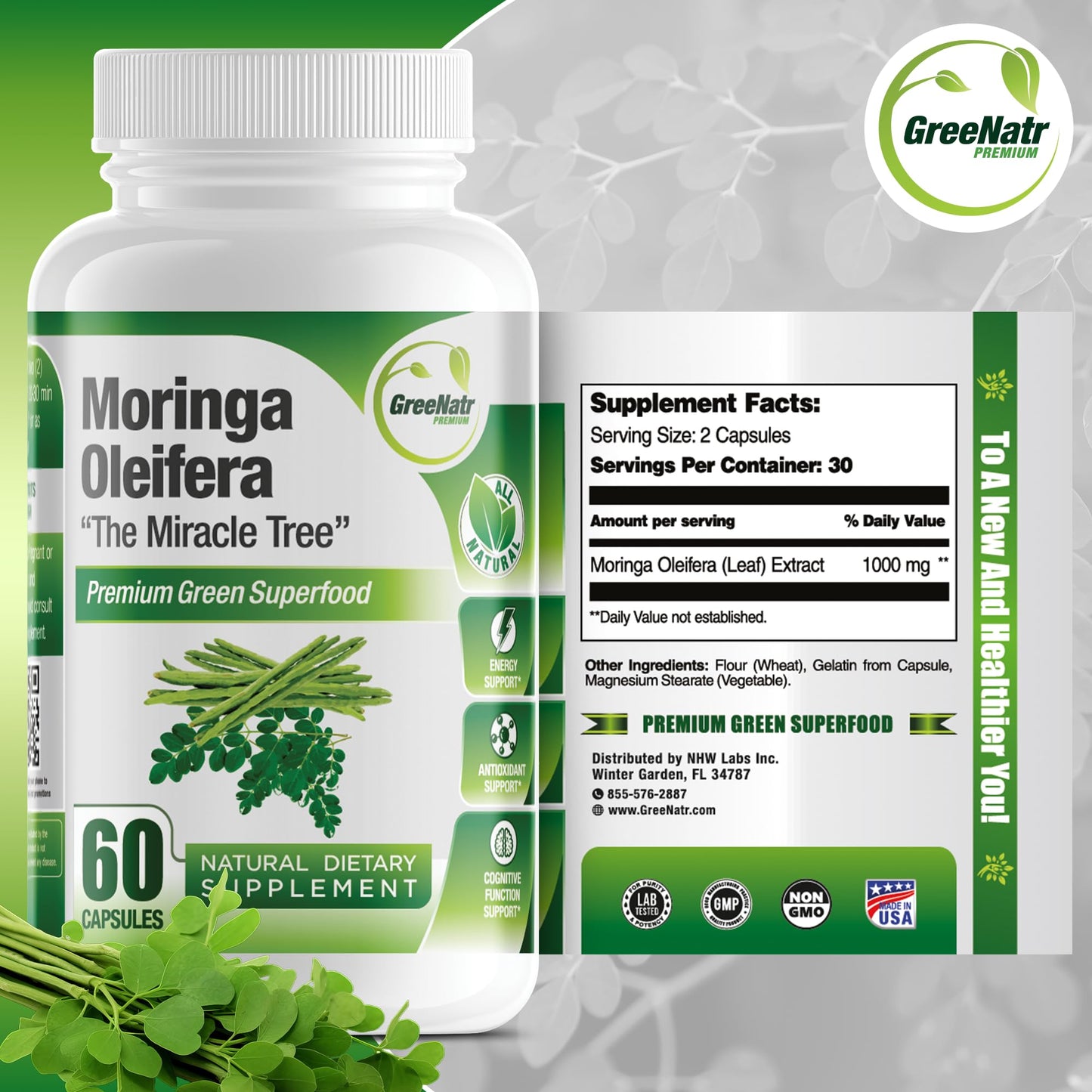 Pure Moringa Oleifera Green Superfood Capsules – Organic, Non-GMO, 60 Capsules