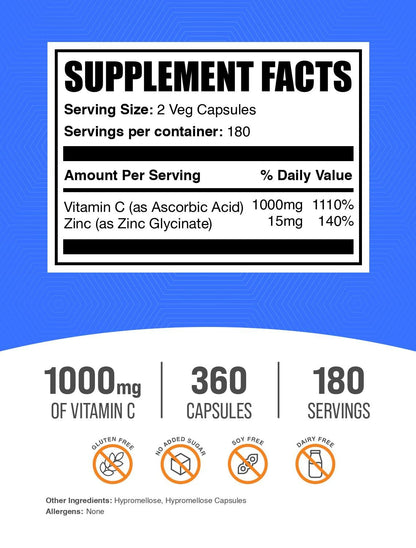 Vitamin C with Zinc Capsules - 1000mg Vitamin C, 15mg Zinc | Vegan, 360-Count Veg Capsules | BulkSupplements