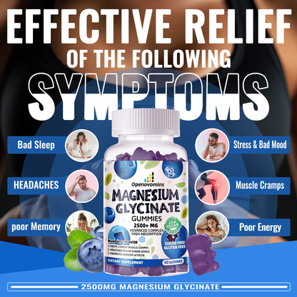 Magnesium Glycinate Gummies 2500mg - Sugar Free Calm Mood & Sleep Support (90 Blueberry)