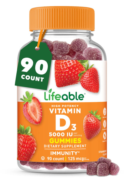Vitamin D Gummies for Adults – 5000 IU D3 | Immune Support & Healthy Bones | Lifeable 90 Gummies