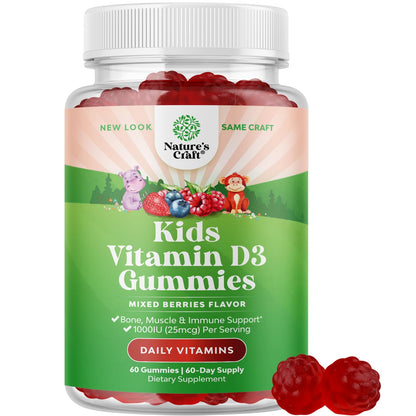 Chewable Vitamin D Gummies for Kids - Delicious Vitamin D 1000 IU Per Serving - Toddlers Immune Support Gummies - Berries Flavored Supplement for Bones Health & Muscles - Gelatin Free - 60 Chews