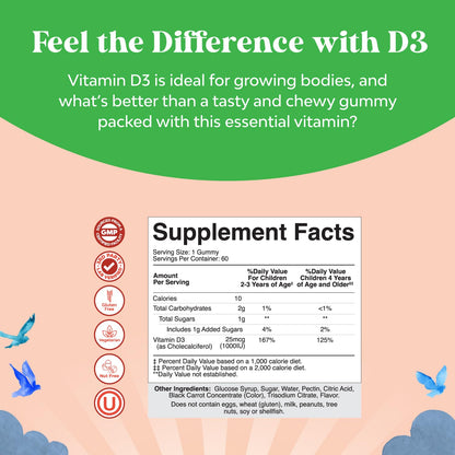 Chewable Vitamin D Gummies for Kids - Delicious Vitamin D 1000 IU Per Serving - Toddlers Immune Support Gummies - Berries Flavored Supplement for Bones Health & Muscles - Gelatin Free - 60 Chews