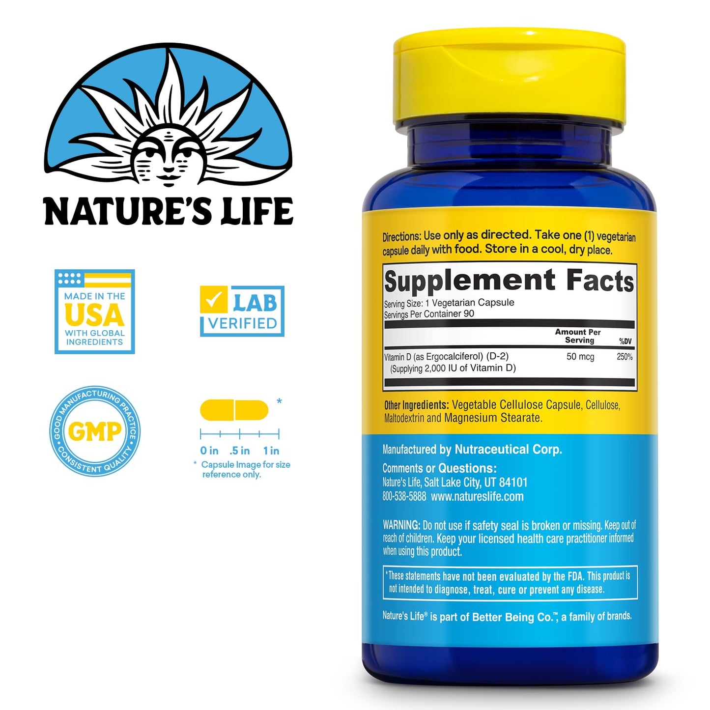 Nature's Life Vitamin D2 2000 IU – Immune Support & Bone Health (60-Day Guarantee, 90 Veg Caps)