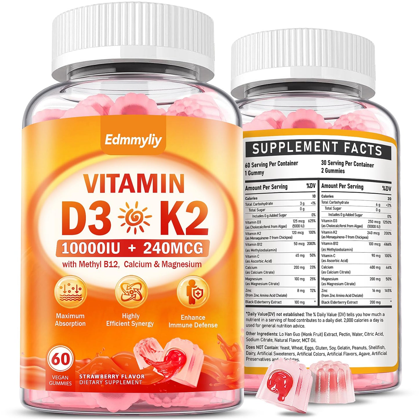 Vitamin D3 10000IU Gummies with K2 – Vegan, Sugar-Free Immune Support