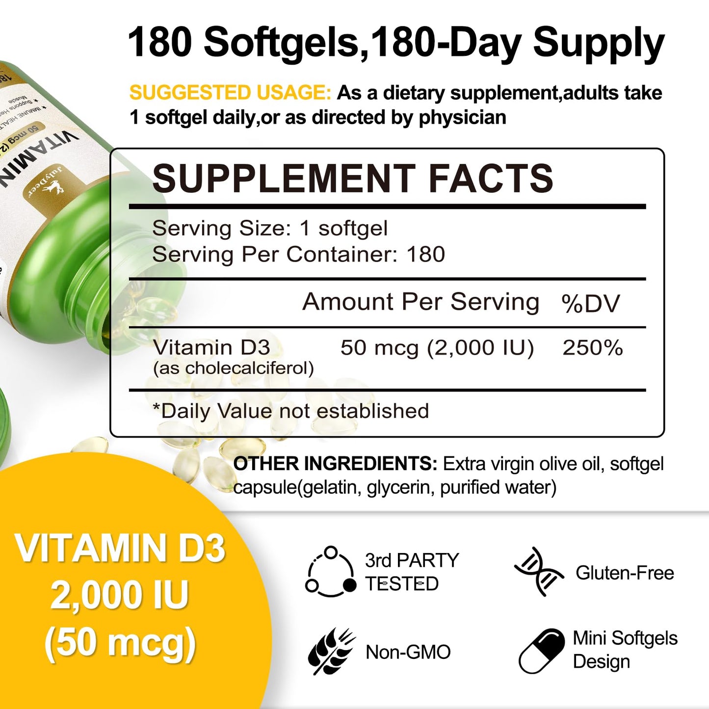Vitamin D3 2000 IU (50 mcg) 360 Softgels – Immune & Bone Health | Non-GMO, Gluten-Free