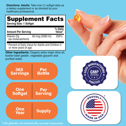 Vitamin D3 2000 IU 365 Mini Softgels – Immune and Bone Support | HTN