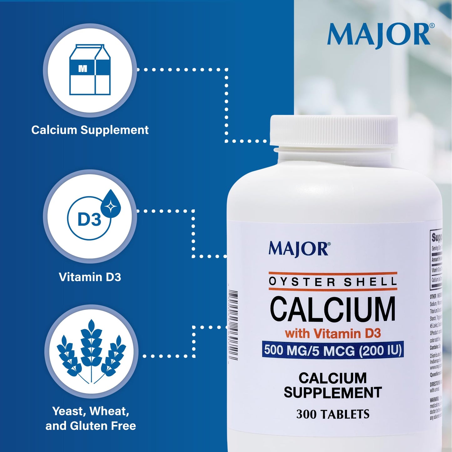 Major Oyster Shell Calcium 500 mg with Vitamin D3 (200 IU) – 300 Tablets
