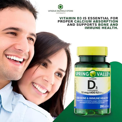 Vitamin D3 400 IU Softgels – 200 Count (10 mcg) Dietary Supplement