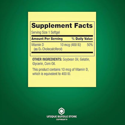 Vitamin D3 400 IU Softgels – 200 Count (10 mcg) Dietary Supplement