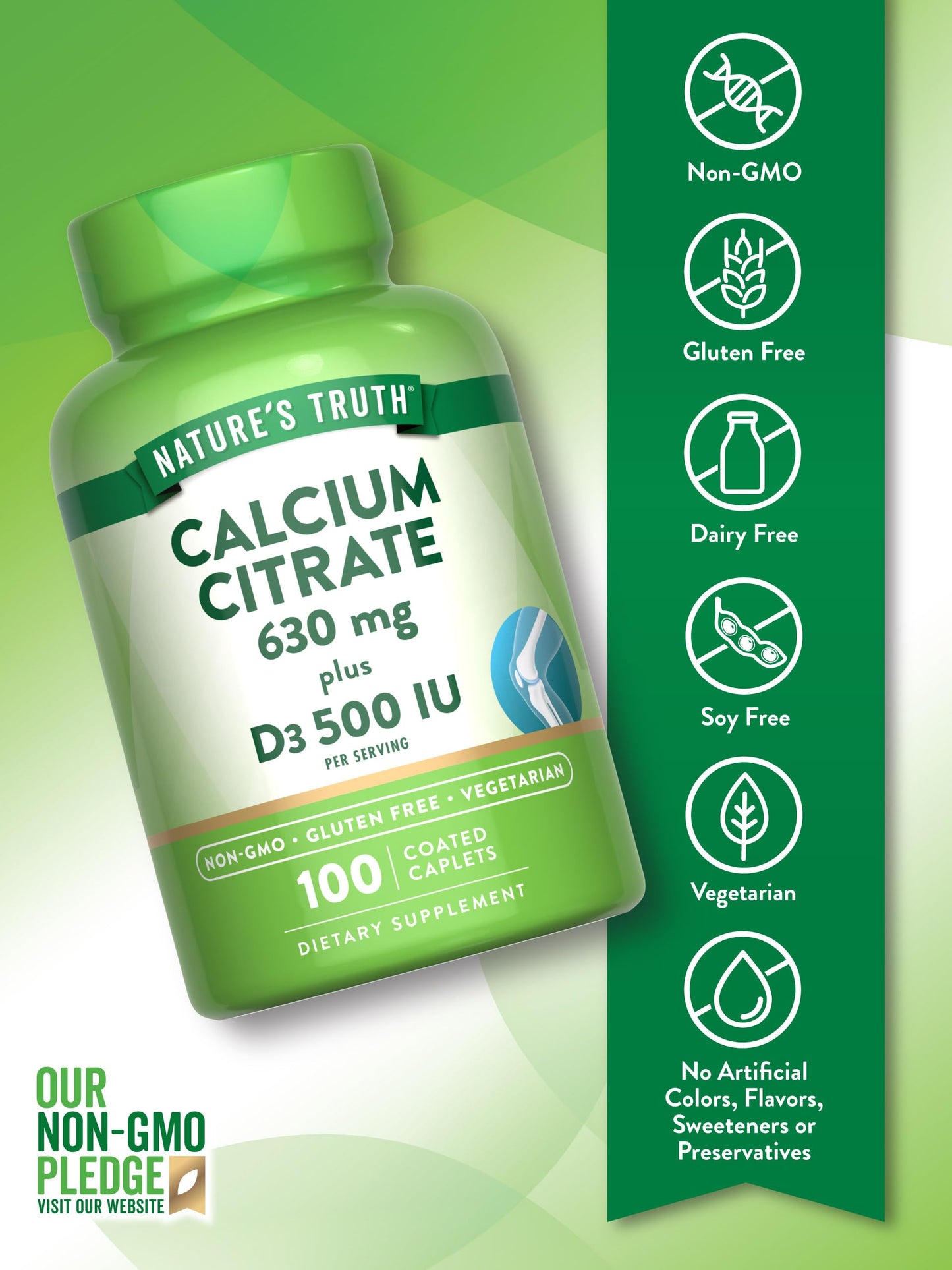 Nature's Truth Calcium Citrate with Vitamin D3 - 100 Caplets | Vegetarian, Non-GMO & Gluten Free