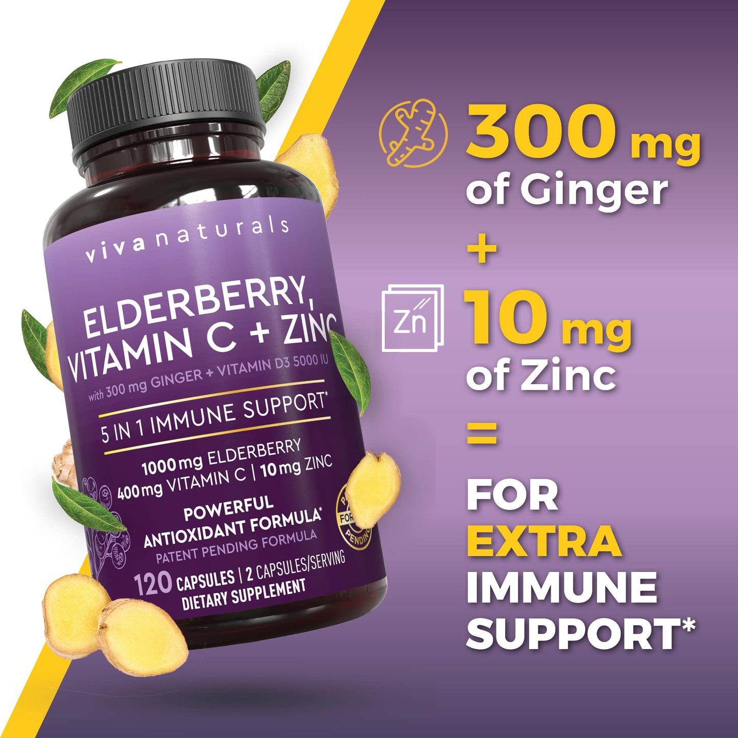 Viva Naturals Elderberry 5-in-1 Immunity Supplement - Vitamin C, D3 & Zinc