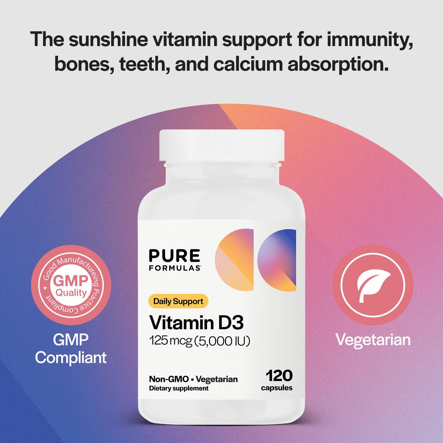 PureFormulas Vitamin D3 5000 IU (125 mcg) – 120-Count Vegetarian Capsules Pack of 2 | Non-GMO Vitamin D Supplement for Bones, Teeth & Immune Support
