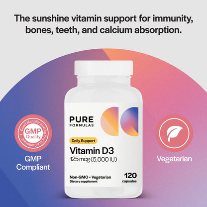 PureFormulas Vitamin D3 5000 IU (125 mcg) – 120-Count Vegetarian Capsules Pack of 2 | Non-GMO Vitamin D Supplement for Bones, Teeth & Immune Support