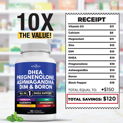 NEW AGE DHEA Supplement - Pregnenolone for Men & Women with DIM, Vitamin D3 5000 IU - 120 Count