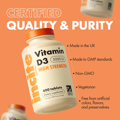 Incite Nutrition Vitamin D3 5000iu - 400 Micro Tablets, High Strength, UK Made