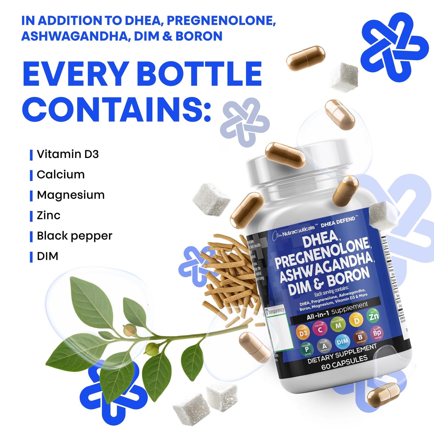 DHEA 200mg & Pregnenolone 100mg Supplement for Men & Women – DIM, Ashwagandha, Boron 6mg, Calcium Magnesium Zinc, Vitamin D3 5000 IU | Made in USA 60 Ct