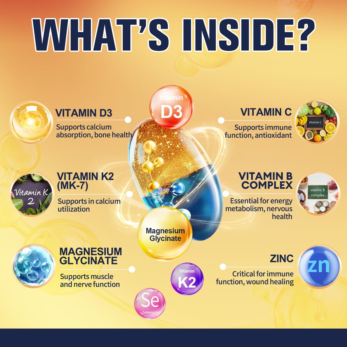 9-in-1 Magnesium Glycinate 500mg + Vitamin D3 5000 IU & K2 | 120 Softgels