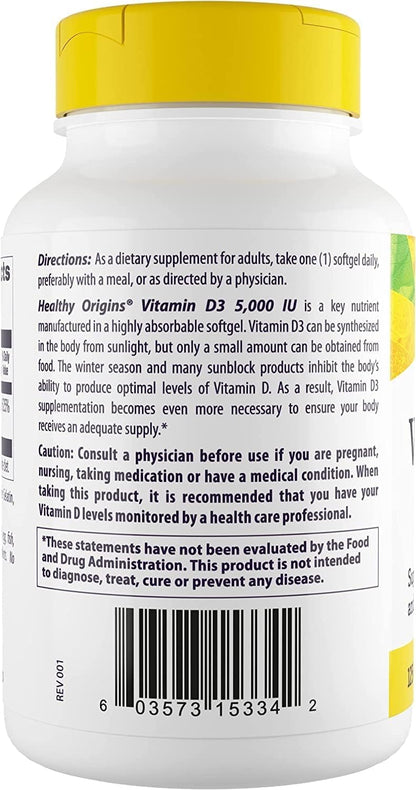 Healthy Origins Vitamin D3 5,000 IU – Non-GMO, Gluten Free, 120 Softgels