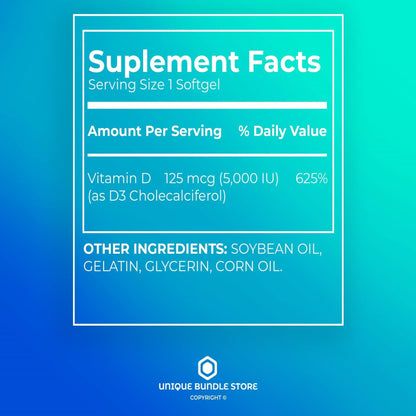 Vitamin D3 5000 IU (125 mcg) Softgels – 250 ct | Bone & Immune Support