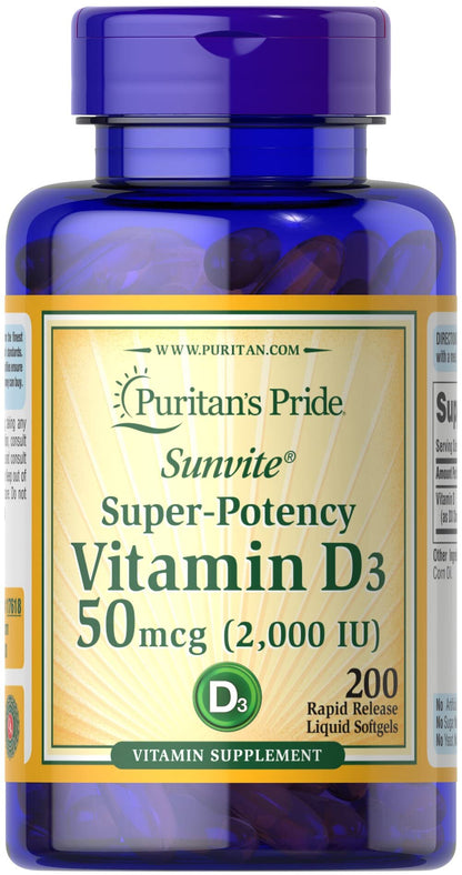 Vitamin D3 50mcg (2,000 IU) Softgels – Immune Health & Bone Support | Puritan's Pride (200 Softgels)