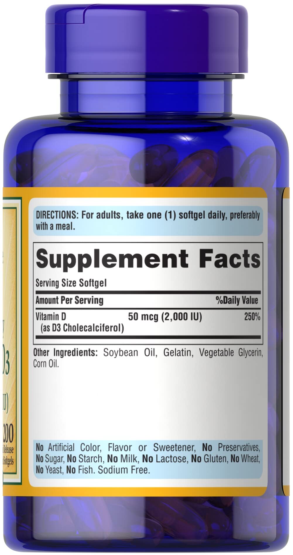 Vitamin D3 50mcg (2,000 IU) Softgels – Immune Health & Bone Support | Puritan's Pride (200 Softgels)
