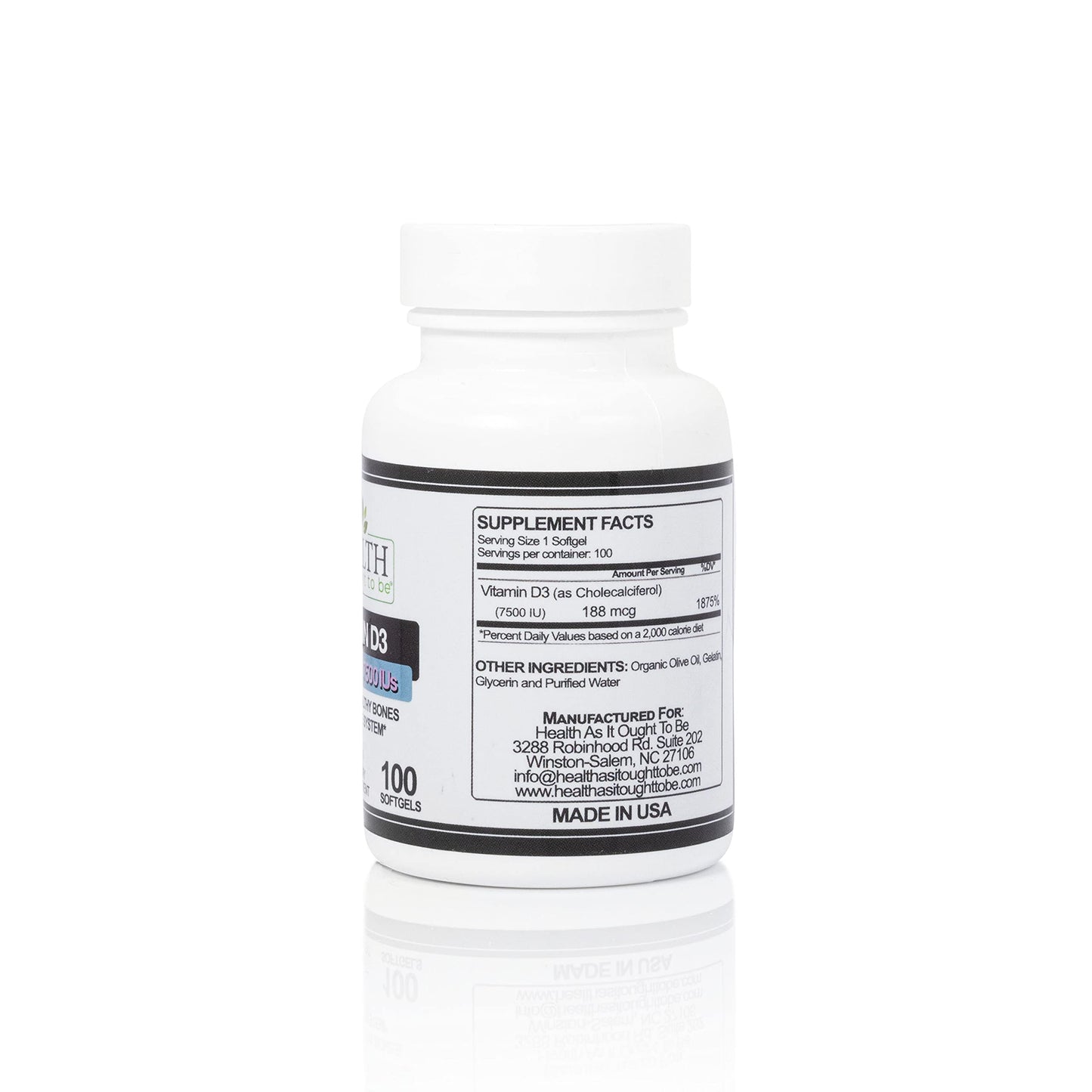 Vitamin D3 7500 IU Supplement (188 mcg) – Bone & Immune Health – 100 Softgels