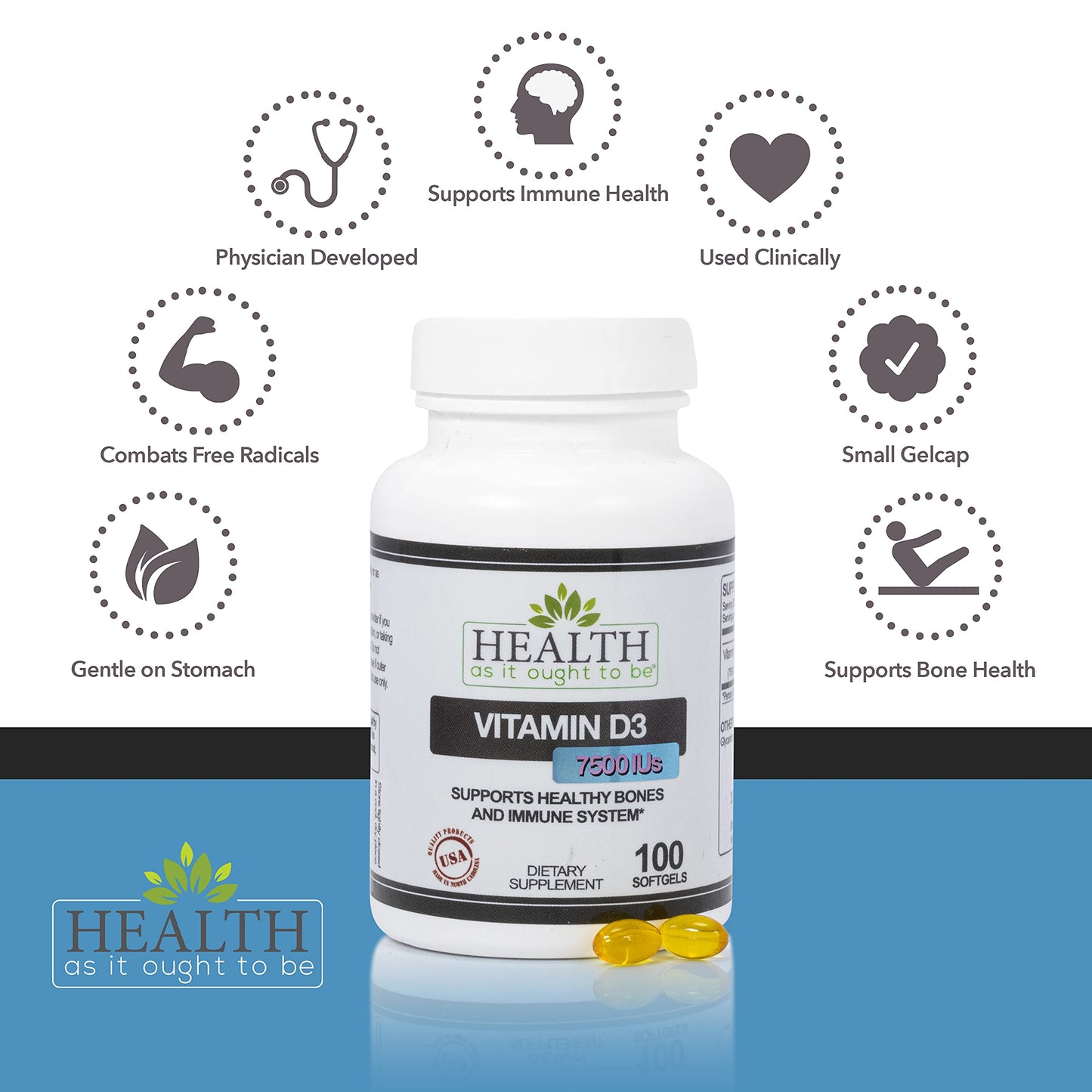 Vitamin D3 7500 IU Supplement (188 mcg) – Bone & Immune Health – 100 Softgels