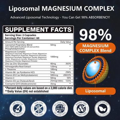 21-in-1 Liposomal Magnesium Complex 1400mg | 12 Forms + D3, B6, B12, Ashwagandha & CoQ10