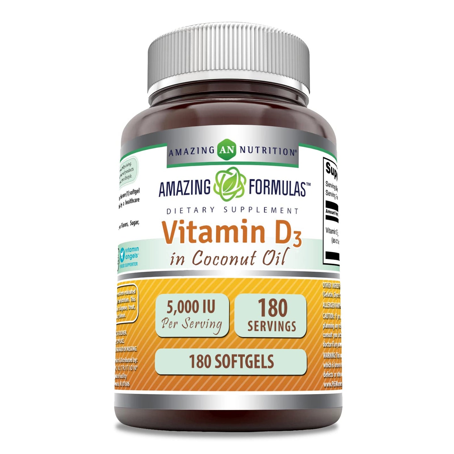 Vitamin D3 with Coconut Oil - 5000 IU, 180 Softgels | Amazing Formulas