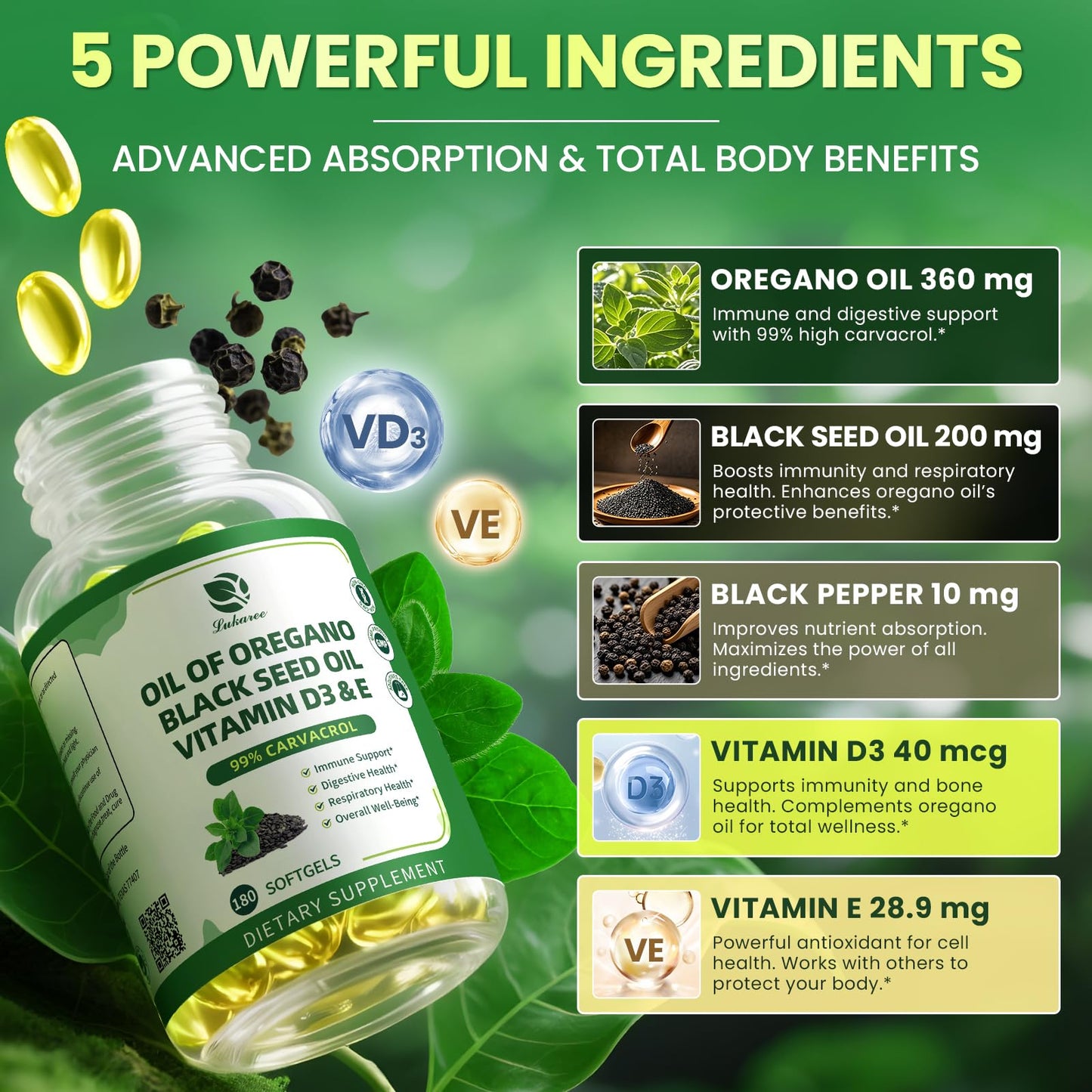 Organic Oregano Oil Capsules + Black Seed Oil | 99% Carvacrol, 180 Softgels