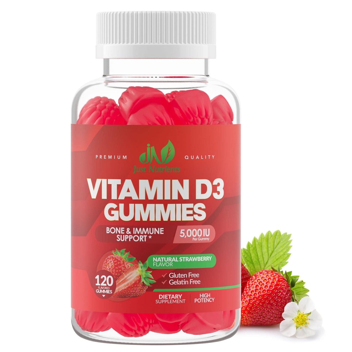 Vitamin D3 Gummies 5000IU/10000IU for Adults & Kids – Immune Support, Bones & Teeth | Gluten-Free & Non-GMO | Strawberry Flavor