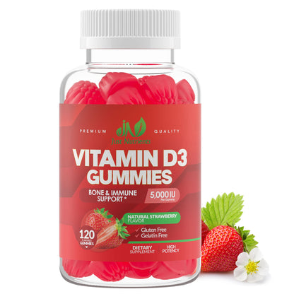 Vitamin D3 Gummies 5000IU/10000IU for Adults & Kids – Immune Support, Bones & Teeth | Gluten-Free & Non-GMO | Strawberry Flavor