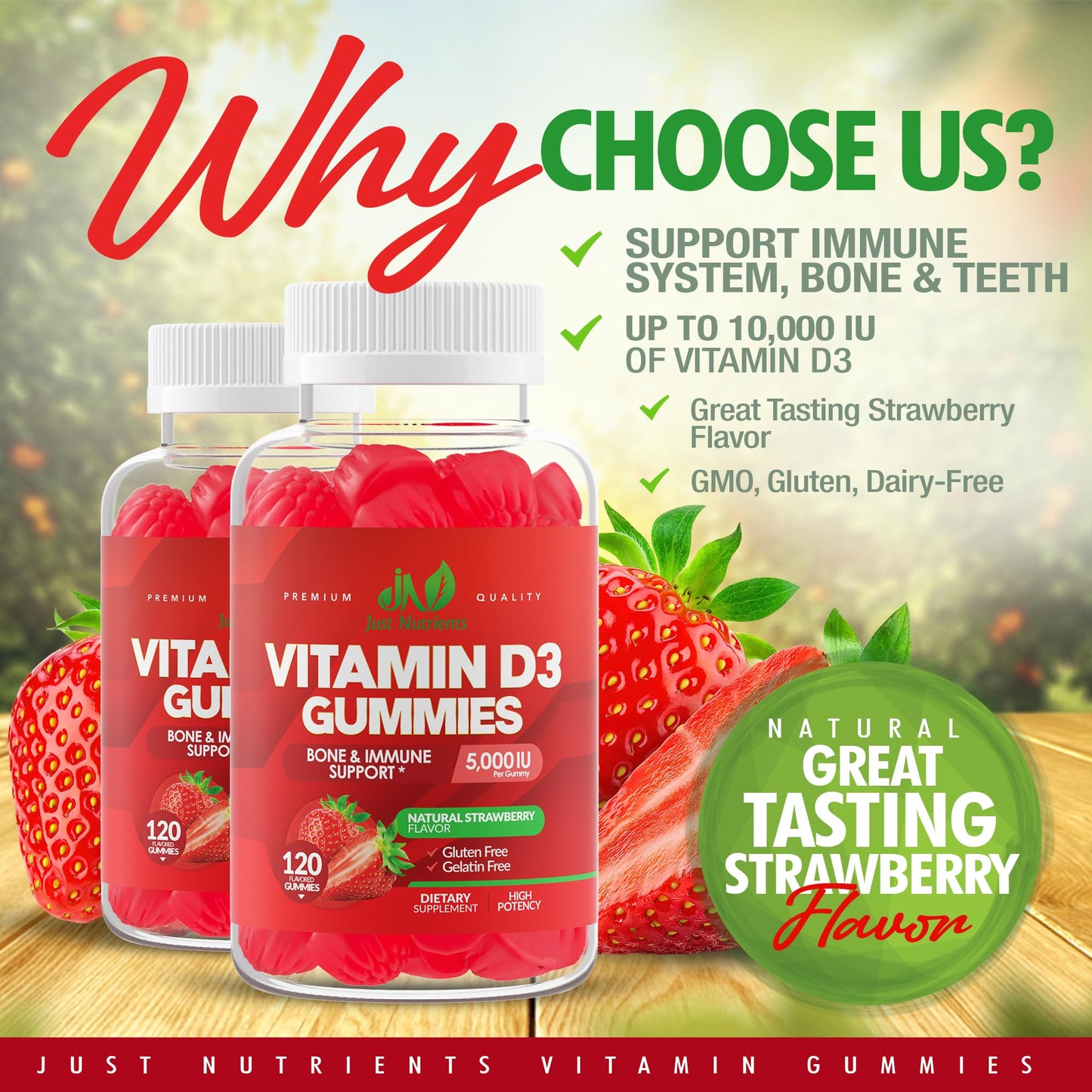 Vitamin D3 Gummies 5000IU/10000IU for Adults & Kids – Immune Support, Bones & Teeth | Gluten-Free & Non-GMO | Strawberry Flavor