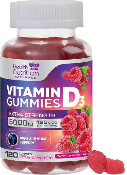 Vitamin D3 Gummies 5000 IU (125 mcg) - Triple Strength Bone and Immune Support, Vitamin D Gummy Dietary Supplement, Nature's Berry D Vitamin Supplement, Raspberry Flavored, Non-GMO - 120 Gummies