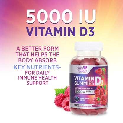 Vitamin D3 Gummies 5000 IU (125 mcg) - Triple Strength Bone and Immune Support, Vitamin D Gummy Dietary Supplement, Nature's Berry D Vitamin Supplement, Raspberry Flavored, Non-GMO - 120 Gummies