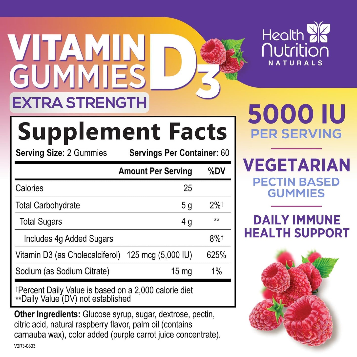 Vitamin D3 Gummies 5000 IU (125 mcg) - Triple Strength Bone and Immune Support, Vitamin D Gummy Dietary Supplement, Nature's Berry D Vitamin Supplement, Raspberry Flavored, Non-GMO - 120 Gummies