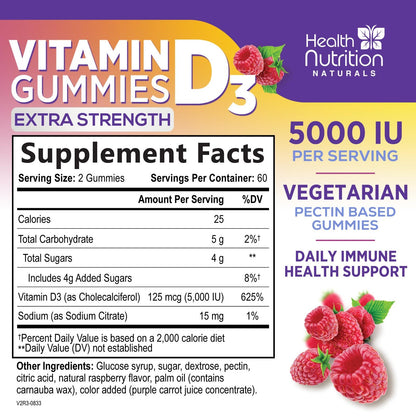 Vitamin D3 Gummies 5000 IU (125 mcg) - Triple Strength Bone and Immune Support, Vitamin D Gummy Dietary Supplement, Nature's Berry D Vitamin Supplement, Raspberry Flavored, Non-GMO - 120 Gummies