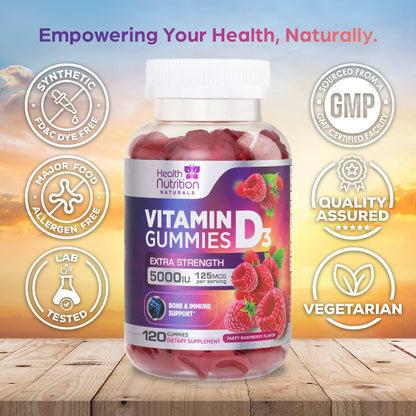 Vitamin D3 Gummies 5000 IU (125 mcg) - Triple Strength Bone and Immune Support, Vitamin D Gummy Dietary Supplement, Nature's Berry D Vitamin Supplement, Raspberry Flavored, Non-GMO - 120 Gummies