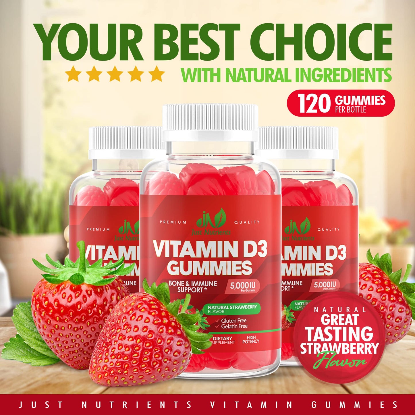 Vitamin D3 Gummies 5000IU/10000IU for Adults & Kids – Immune Support, Bones & Teeth | Gluten-Free & Non-GMO | Strawberry Flavor