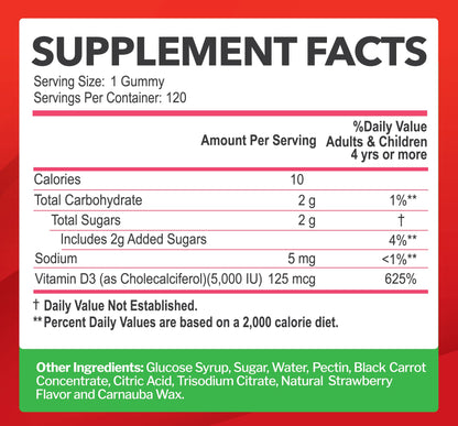 Vitamin D3 Gummies 5000IU/10000IU for Adults & Kids – Immune Support, Bones & Teeth | Gluten-Free & Non-GMO | Strawberry Flavor