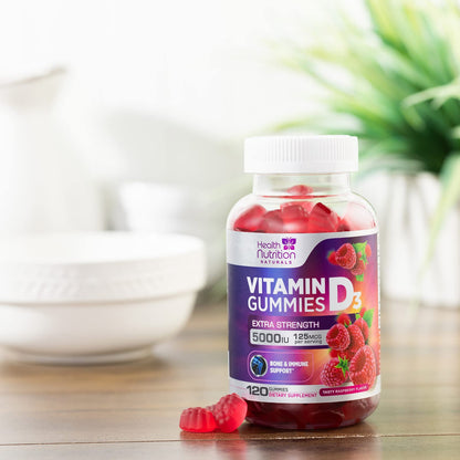 Vitamin D3 Gummies 5000 IU (125 mcg) - Triple Strength Bone and Immune Support, Vitamin D Gummy Dietary Supplement, Nature's Berry D Vitamin Supplement, Raspberry Flavored, Non-GMO - 120 Gummies