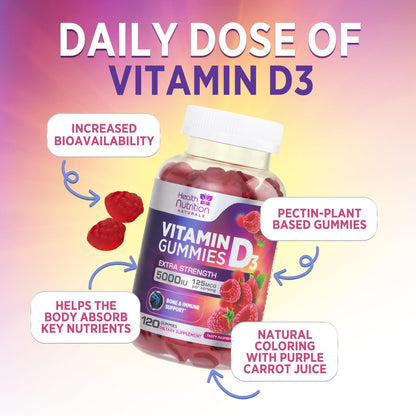 Vitamin D3 Gummies 5000 IU (125 mcg) - Triple Strength Bone and Immune Support, Vitamin D Gummy Dietary Supplement, Nature's Berry D Vitamin Supplement, Raspberry Flavored, Non-GMO - 120 Gummies