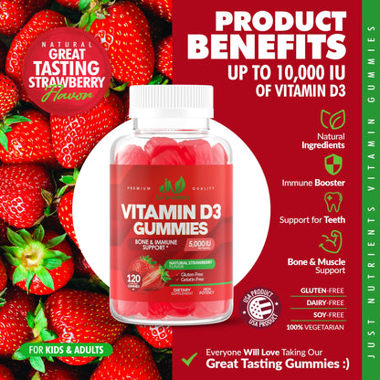 Vitamin D3 Gummies 5000IU/10000IU for Adults & Kids – Immune Support, Bones & Teeth | Gluten-Free & Non-GMO | Strawberry Flavor